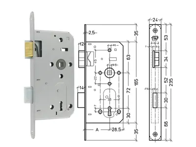 Mortise Lock, Plain, Reversible 72x50mm