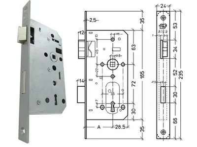 Mortise Lock, Plain, Reversible 72x55mm